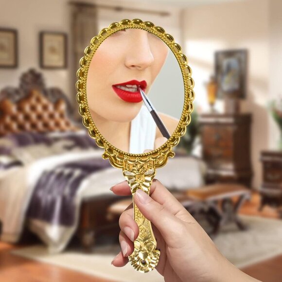 Vintage Handheld Mirror for Makeup - Travel Handle Mirrors for Women Gold Emboss - Picture 4 of 5
